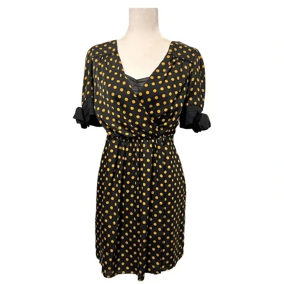 MILLY Clothing Women's Black and Brown Silk V Neck Polka Dot Mod Tea Dress
