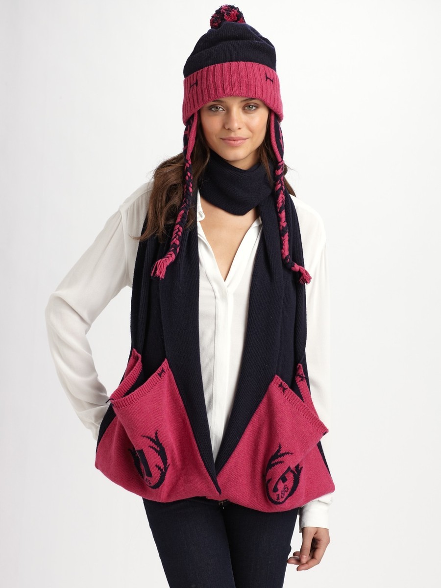 ◇HUNTER◇ [UNISEX] Rib knit cashmere scarf pink HBW0001CNZP $245 Hunter Boots Navy Blue/Pink Two-tone Knit Pocket Scarf