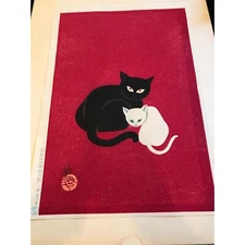 Black Cat and White Cat By Nagai Iku (1930 -) Original Woodblock Print Published