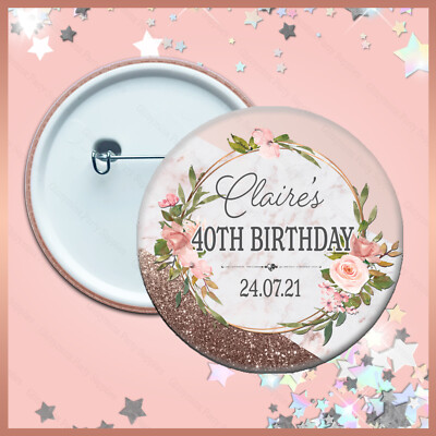 Personalised Marble PIN BADGE Button Hen Birthday Party Floral Frame ...