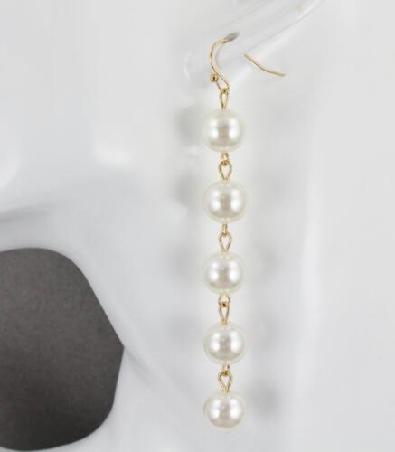 White faux pearl earrings beaded chandelier bead dangle 3 3/8" long lightweight - Picture 1 of 6