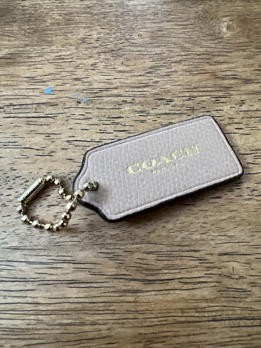 Coach Pebble Leather Hang Tag Beige Gold Tone Ball Chain Keychain