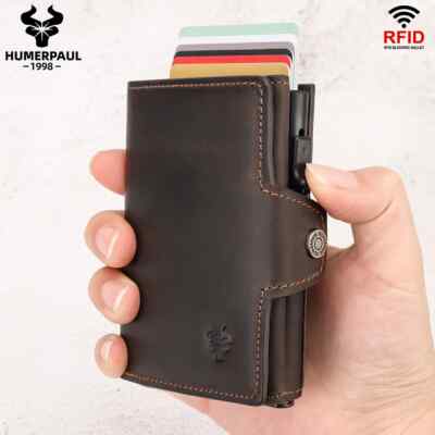 Smart Pop up Card Wallet for Men RFID Genuine Leather Card Case Slim Women Zip C