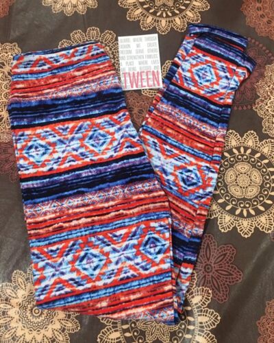 leggings Lularoe Tween rouge blanc bleu violet tribal aztèque neuf avec étiquettes - Photo 1 sur 2