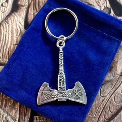 Doppelseitiger zweiköpfiger Wikingeraxt nordische Rune Schlüsselring & Geschenktasche, Odin Woden