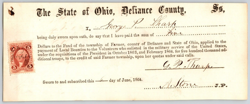 Civil War Farmer Township, OH Defiance 1864 Bounty Receipt - George P. Tharp ? - 第 1/2 張圖片