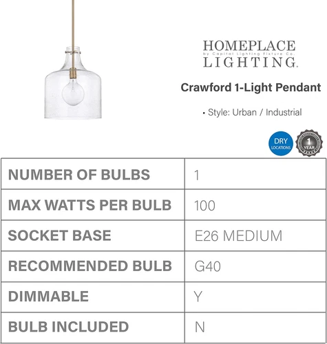 Crawford Urban Industrial Clear Glass Jar Pendant Light in Aged Brass - Picture 3 of 7