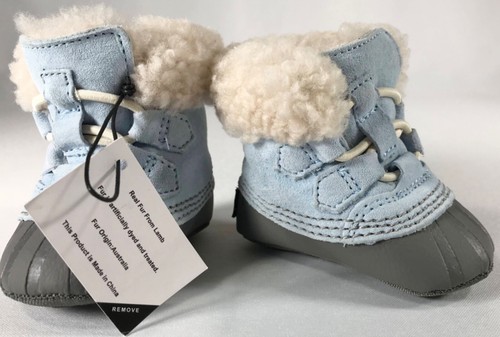 SOREL BABY Infant Caribootie Sz 2 Lamb Fur Lined Winter Oxygen Quarry Blue NWT - Picture 2 of 8