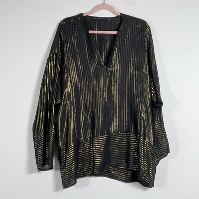 Zara Woman Black Gold Striped Metallic Sheer Tunic Top Womens Sz L Long Sleeve