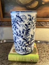 19th Century-Cylindrical 8”H Vase-MEISSEN-Blue & White-Birds/Leaves-Gilding-RARE