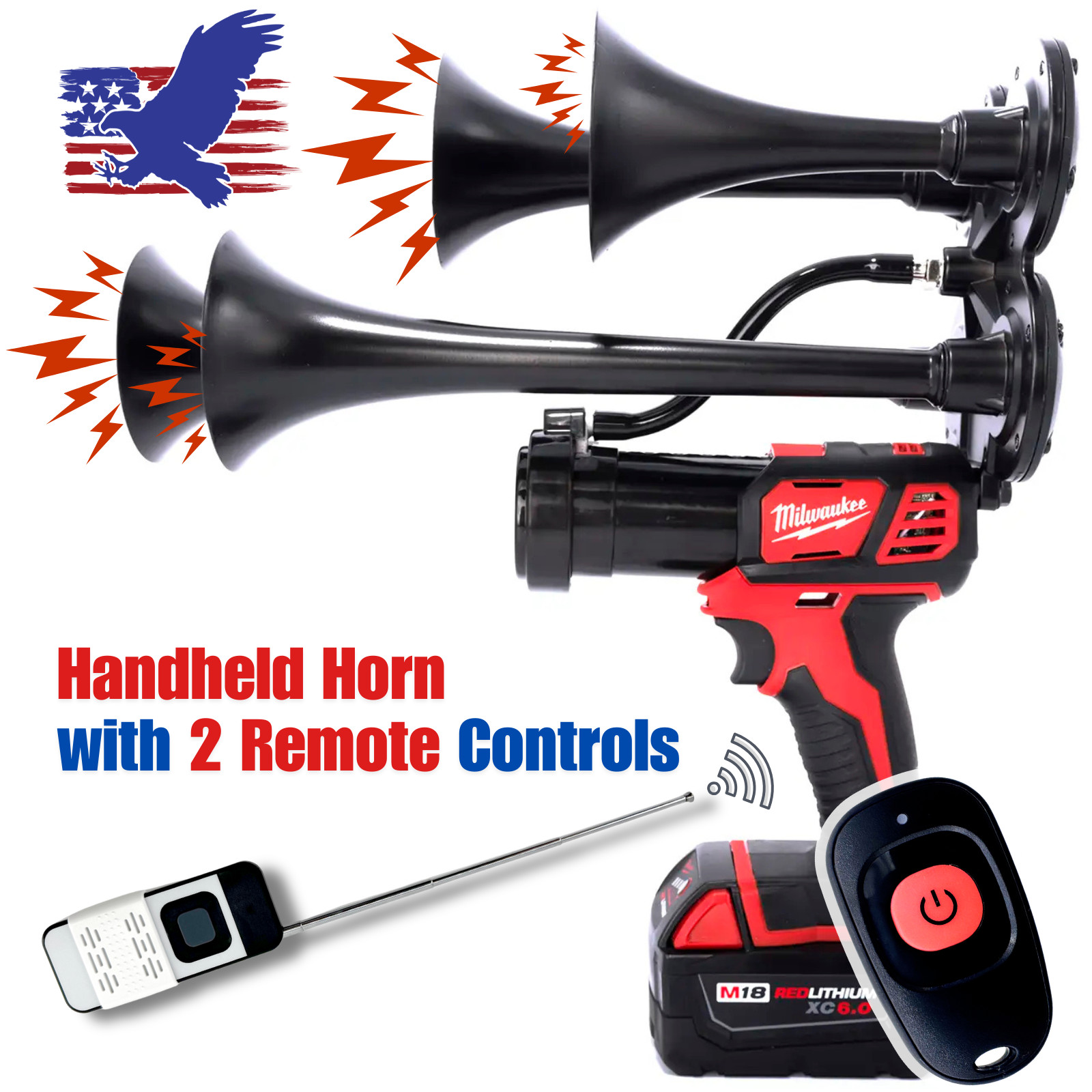 Milwaukee M18 Impact Train Air Horn + 2 Remote Controls| Quad Trumpet Train Horn