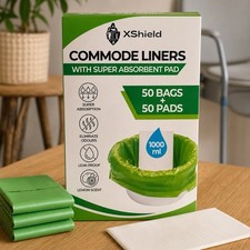 XShield Commode Liners 50 Bags + 50 Super Absorbent Pads Lemon Scent 