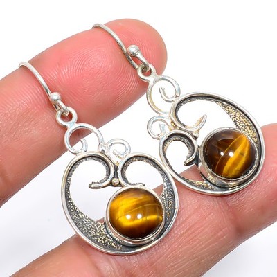 Thai Tiger'S Eye Vintage 925 Sterling Silver Jewelry Earring 1.7'' T62
