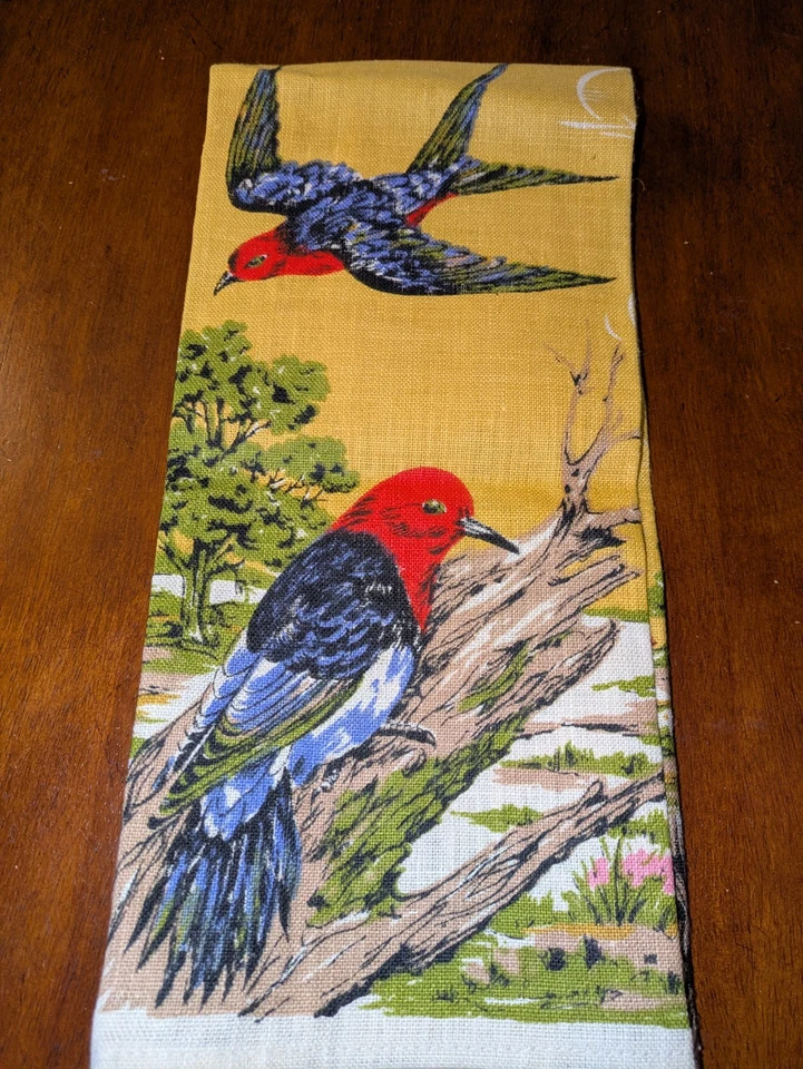 NUEVO Toalla de té de lino con estampado campestre francés MCM vintage pájaros amarillo dorado  Foto 3 de 4