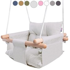 - Canvas Baby Swing, Wooden Hanging Swing Seat Chair with Safety Belt, Durabl...