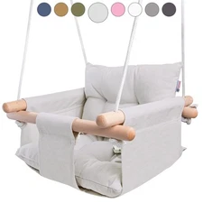 - Canvas Baby Swing, Wooden Hanging Swing Seat Chair with Safety Belt, Durabl...