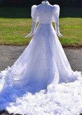Vtg 1986 Jean Phoenix Bridal RUFFLED organza Train-LACE WEDDING DRESS sz 8