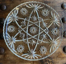 Pressed Glass Atomic Starburst Round Serving Plate Scalloped Edge Platter Tray
