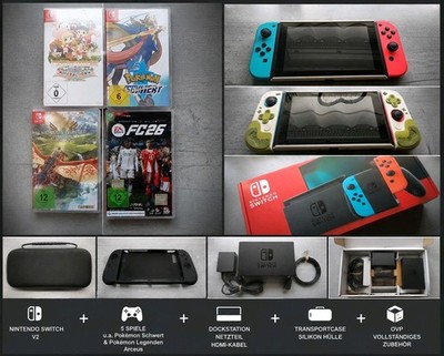 Nintendo Switch 1 (V2) plus Spiele wie Pokémon Schwert, Arceus + Switch-Case 