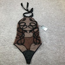 Thistle And Spire Bodysuit Womens M Black Espresso Sheer Snake Embroidered Thong
