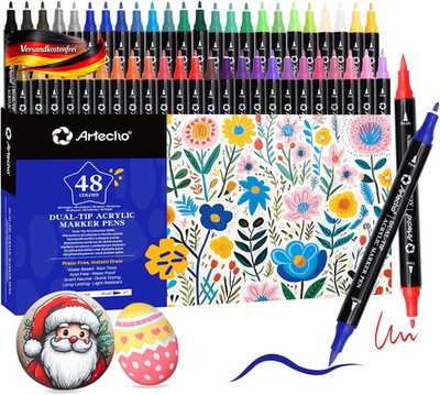 Artecho Acrylstifte Set 48 Farben, Wasserfeste Dual Tip Acrylmarker Mit 1 Mm Fei