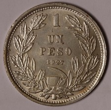 Moneda Peso Chile 1927 Plata (50%) KM# 171, Gruesa 1