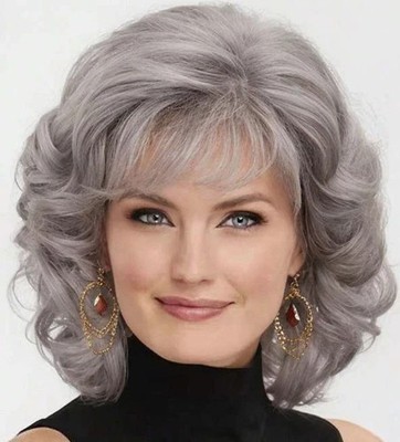 Women Grey Shawl Large Wave Roll Hair Fashion Women Synthetic Wig