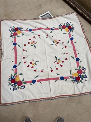 Vintage Crochet Edge , Fruit & Leaf Pattern, Heavy Cotton Tablecloth. 45 x48 