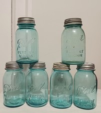 Vintage Lot Of 6 Quart Blue Ball Mason Jar & Zinc Cap 1923-33
