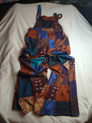 Romwe Patchwork Overalls Womens Size Large Brown Blue Boho Festival Artsy Casual