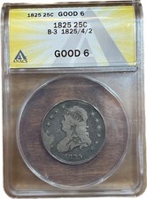 1825/4/2 25C Large Bust Quarter B3 ANACS G6 Key PROBLEM FREE Early U.S Type Coin