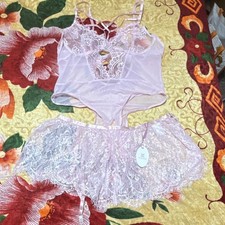 Avidlove Light Pink Lace Bodysuit with Matching Skirt, Adjustable Strap, Women M