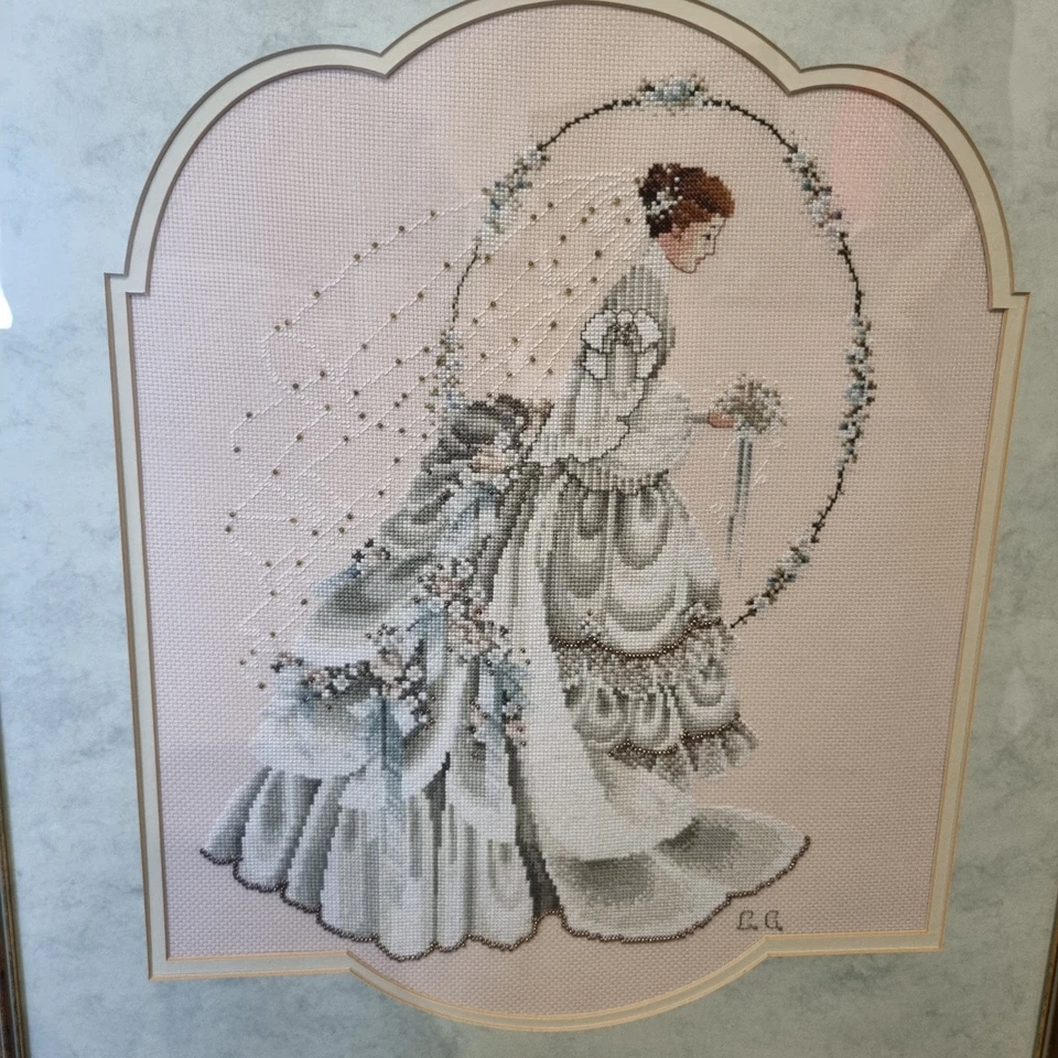 Marilyn Leavitt Lavender and Lace Cross Stitch The Bride Large Framed Completed  - Image 3 of 4