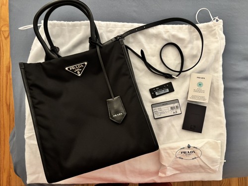 Prada Re‑Nylon Tote Bag Black Fabric Leather Trim Triangle Logo