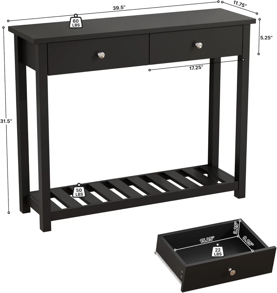 Mesa Consola Negra 2 Cajones Mesa de Entrada Estante de Almacenamiento 40" Moderna Estrecha Foto 2 de 4