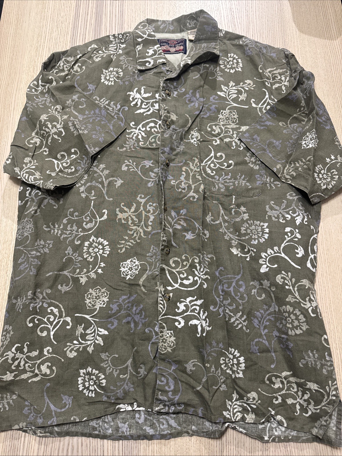Vintage Garland Sport Mens L Green Floral Hawaiian Camp Button Up Shirt Cotton