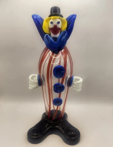 Murano Hand-Blown Art Glass Clown Figurine Striped Red and White "Balloon Belly"