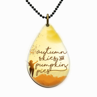 Autumn Skies Pumpkin Pies Necklace Teardrop Fall Thanksgiving Halloween Jewelry