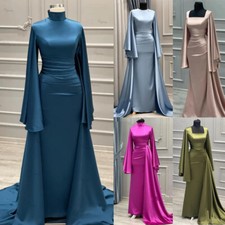 Muslim Evening Dresses For Party Long Sleeves Satin Mermaid Formal Prom Gowns