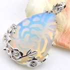 Woman Holiday Gift Oval Rainbow Moonstone Gems Vintage Silver Necklace Pendant