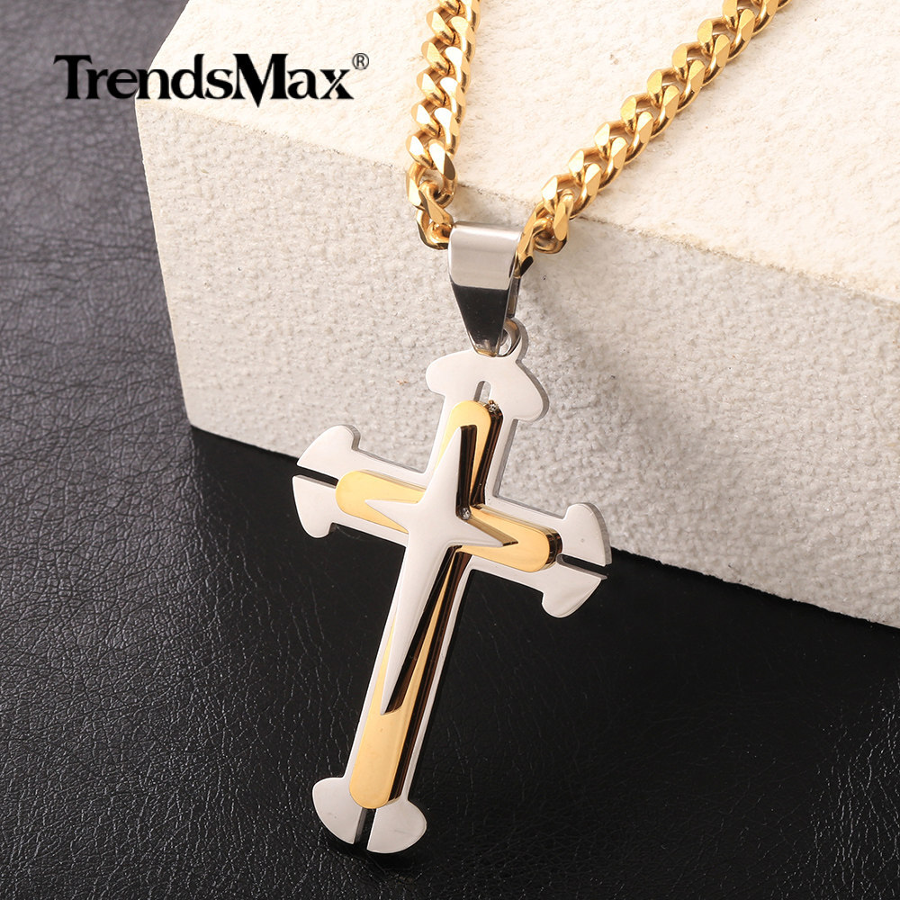 Silver&Gold Plated Cross Pendant Necklace Stainless Steel Cuban