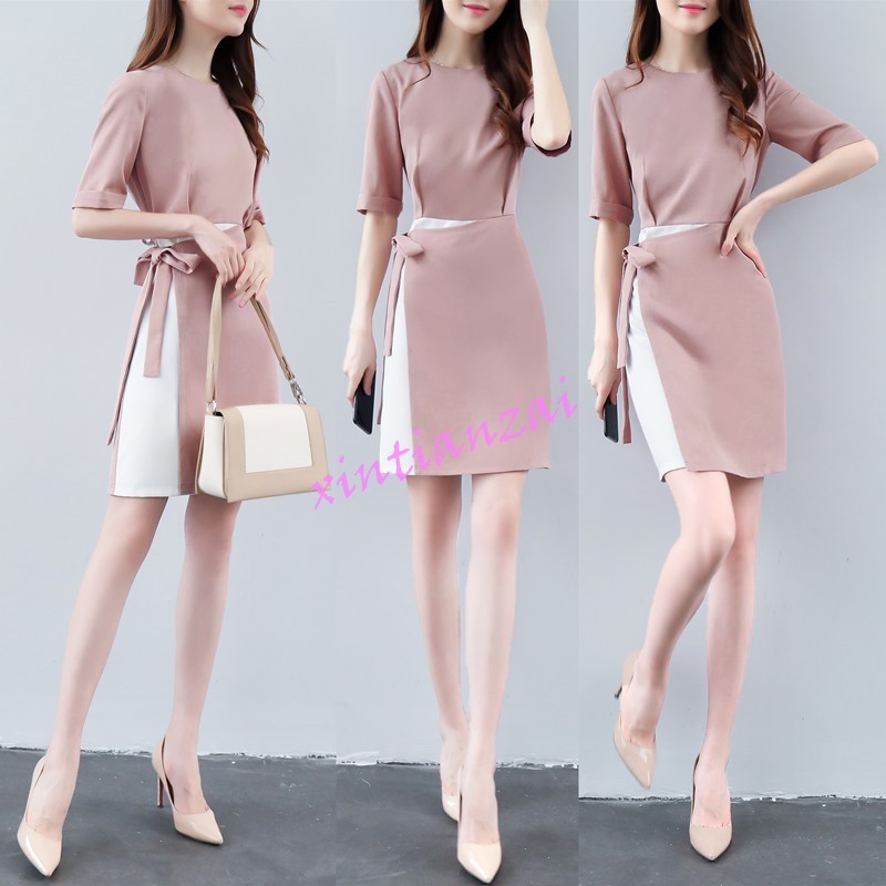 Women Summer Slim Office Korean Chiffon Formal Korean Dresses Belt New Fake  2Pcs | eBay