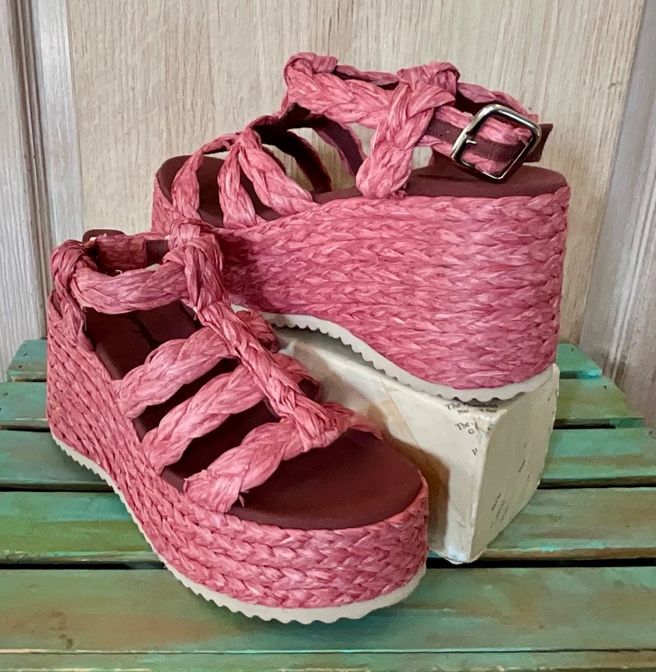 Sandalia Plataforma Free People Rafia Rendevous Rosa Tejido Trenzado Hebilla 41/11 NUEVA Foto 3 de 4