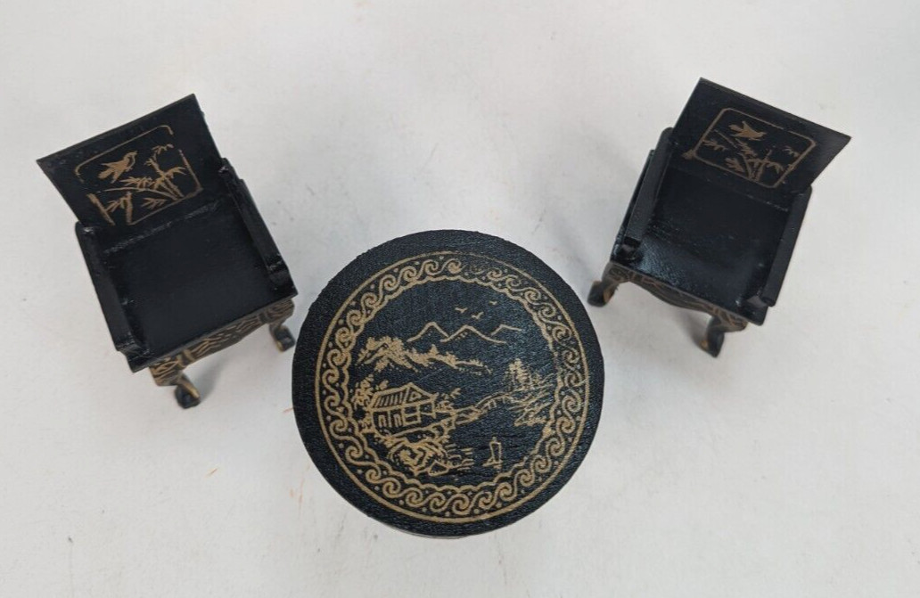 Dollhouse Miniature 3pc Black Lacquer Goldpainted Table Chairs Chinese Furniture