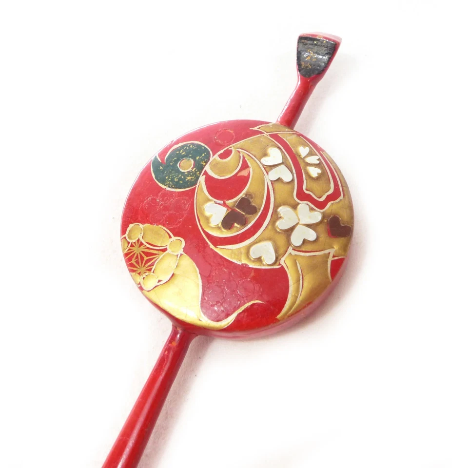 Antiguo Kimono Japonés Kanzashi Novia Rojo Madera Formal Horquilla Palo Foto 3 de 4