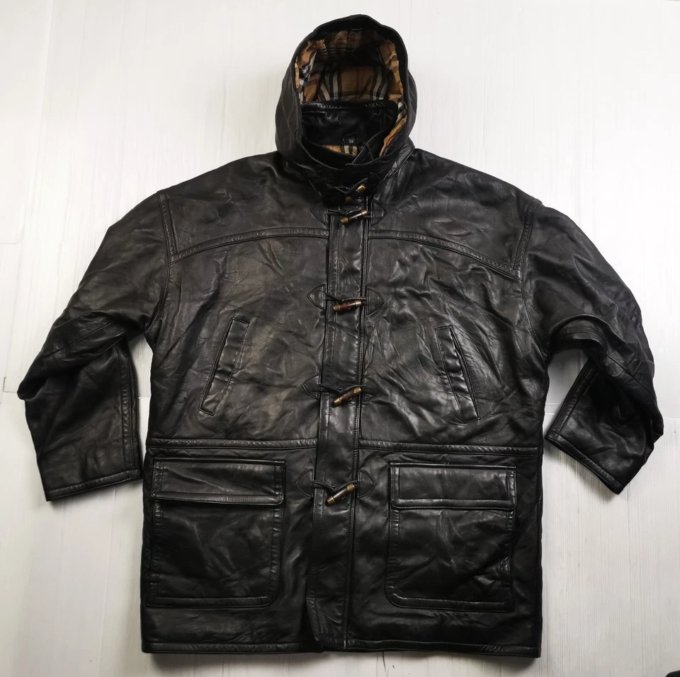 LO ÚLTIMO Abrigo Para Hombre BURBERRYS PARKA CAPUCHA NOVA CHECK FORRADO CUERO NEGRO 54 XXL Foto 3 de 4