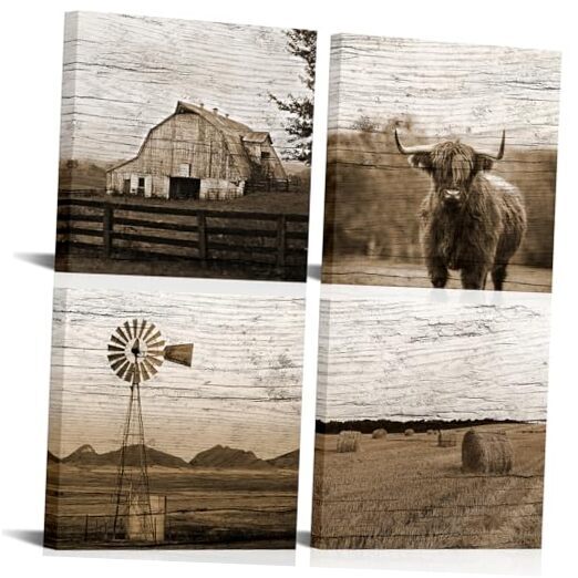 Sepia Farmhouse Canvas Wall Art 4 Piece Set Highland Cow, Barn, Windmill,