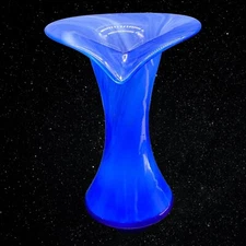 Vintage Art Glass Jack In The Pulpit Blue Swirl Vase Hand Blown 9”T 7”W