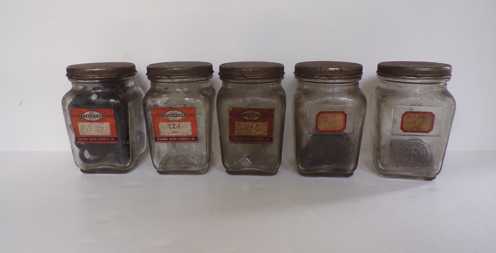 5 Vintage STANDARD MOTOR PRODUCTS Glass Jars Excellent Condition Some