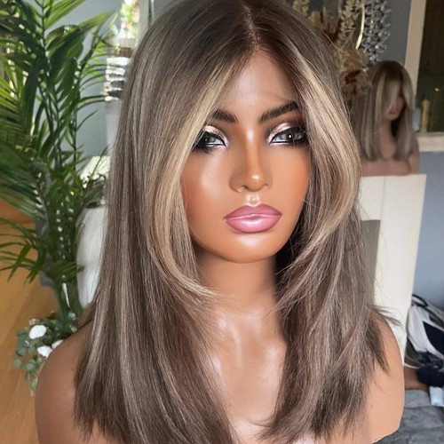 20 inch Dark Brown Ash Blonde Highlight Human Hair Lace Front Wigs 150% - Picture 2 of 7